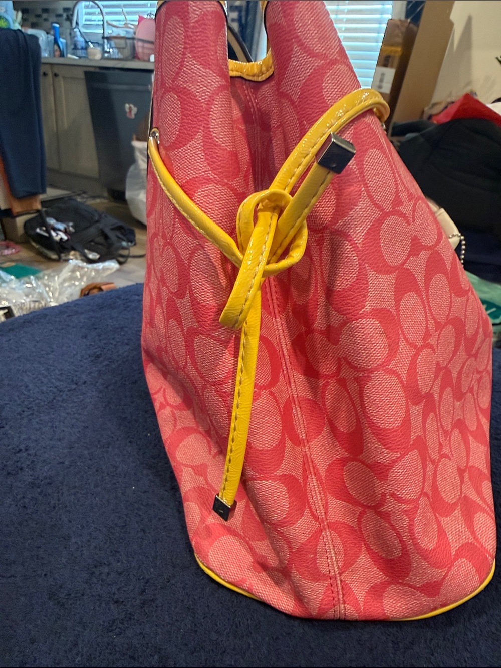 Coach Pink and Yellow Canvas Stripe Tote - Picture 4 of 7